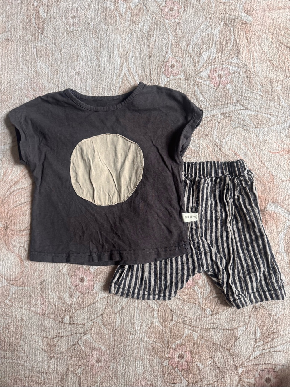 Graphite Grey Tee with Cream Circle & Striped Shorts Set